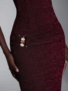 Elitara 优雅、浪漫、端庄、简约、酒红色、针织弹力面料、鱼尾下摆、拖尾、时尚、网红、节日、度假、生日派对、婚礼活动、伴娘礼服、舞会礼服、伴娘礼服 - 酒紅色 - 查看 3