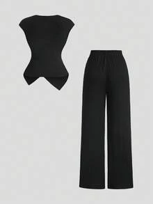 Sweetra Bộ 2 trang phục đi làm tối giản, thoải mái, khóa kim loại, họa tiết đan móc, mùa thu dành cho nữ - màu đen - Xem 2