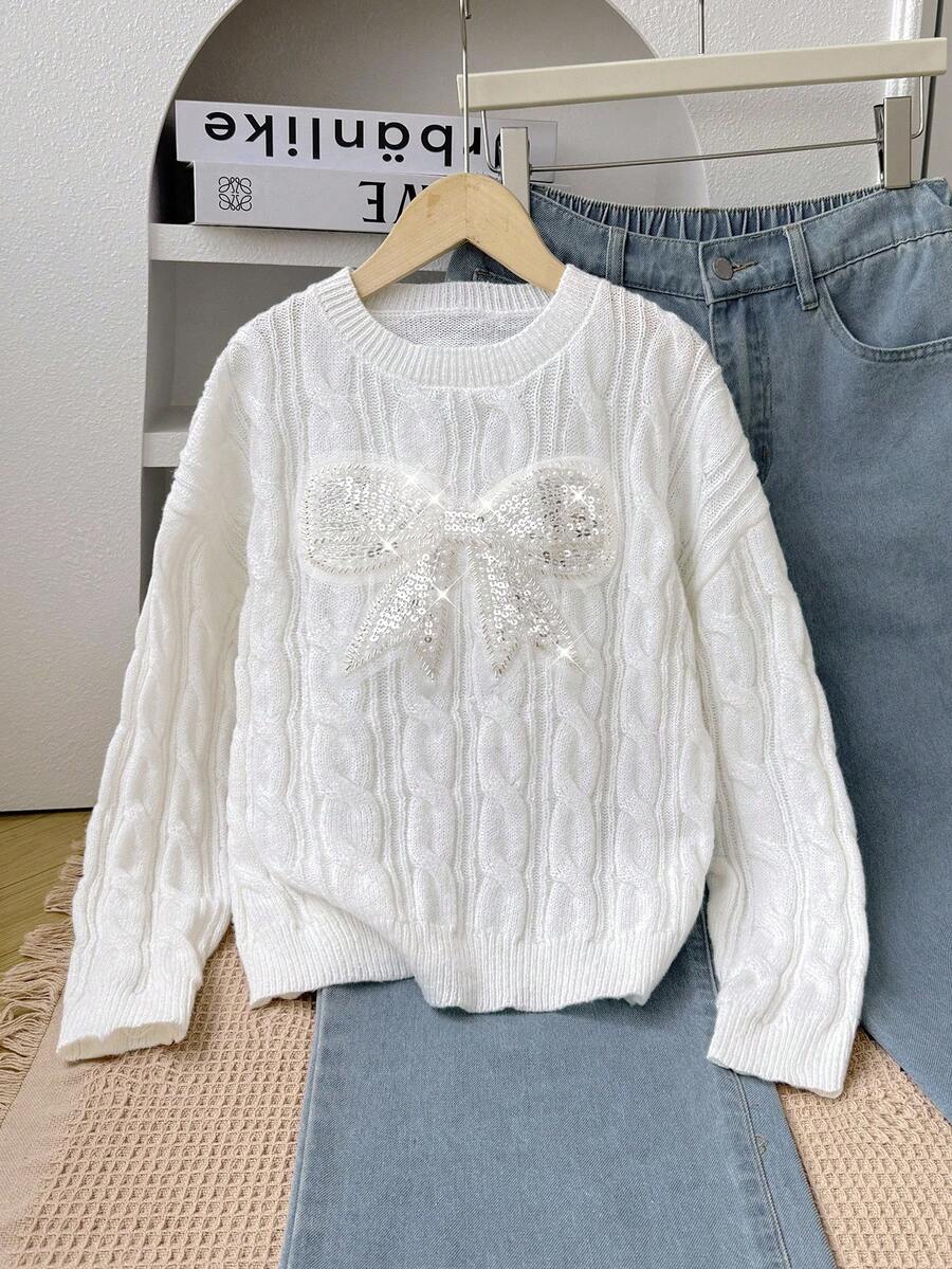 SHEIN كنزة صوفية كاجوال فضفاضة مريحة للفتيات المراهقات، بياقة دائرية وأكمام طويلة مزينة بفيونكة - أبيض - مشاهدة 1