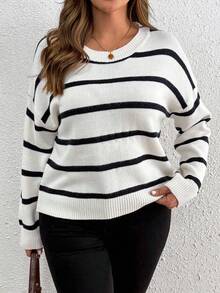 SHEIN Tall CURVE 大码休闲通勤拼色条纹毛衣 - 彩色 - 查看 7