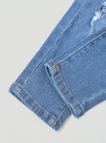 SHEIN Sparklyn Young Girl Medium Wash Blue Distressed Jeans, Fashionable Fall Winter - Medium Wash - View 7