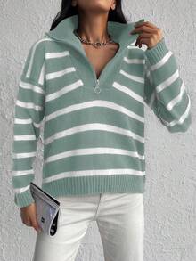 SHEIN Cottnline Women's Zipper Half-Placket Striped Sweater Pullover - Mint Green - View 3