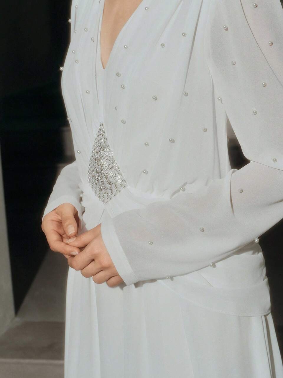 Anewsta New Autumn Party Dress, V-Neck Long Sleeve, Waist Embroidery, Pearl Decor