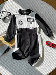 Quần liền quần thể thao thoải mái, màu sắc tương phản, phong cách phi công/tay đua, dành cho bé trai/bé gái mùa thu/đông - Đen và trắng - Xem 4