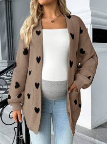 SHEIN 孕妇心形图案口袋休闲长袖开衫 - 棕色 - 查看 5