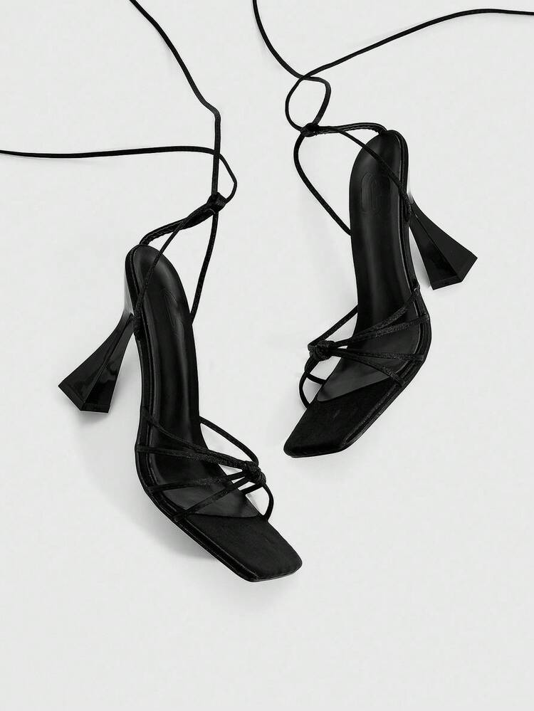 CUCCOO SZL Black Satin Satin Lace-Up Fashionable Sexy Chunky High Heel Square Toe Sandals