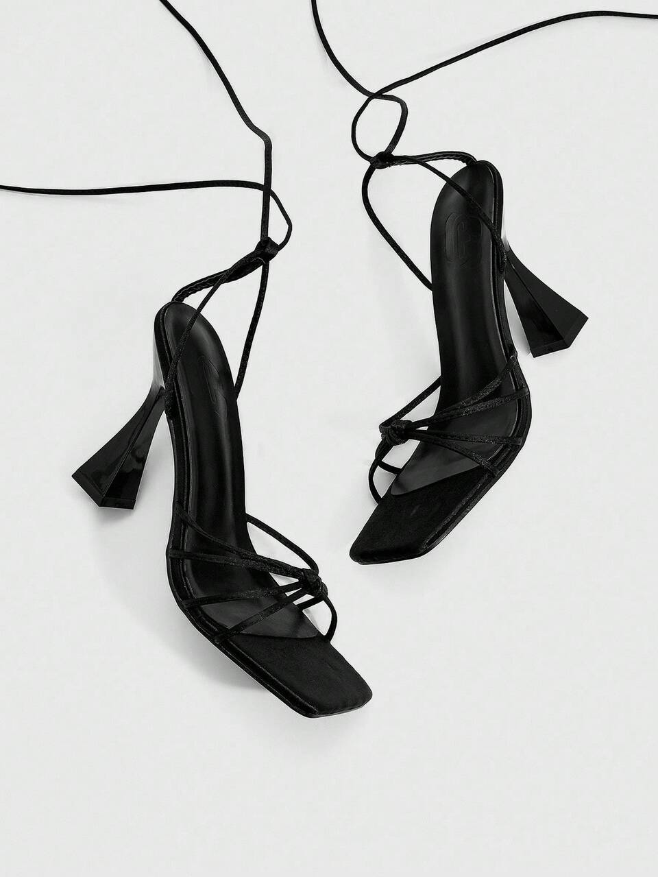 CUCCOO SZL Black Satin Satin Lace-Up Fashionable Sexy Chunky High Heel Square Toe Sandals
