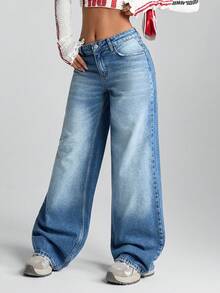WOMEN WIDE LEG LOW WAIST JEANS Low Rise Jeans Womens Jeans Cotton Jeans Loose Jeans Wide Leg Jeans - Medium Wash - View 5