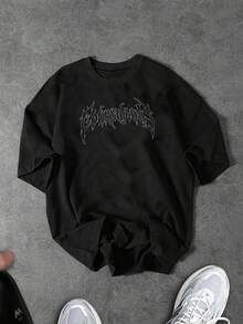 Manfinity Sport Corelite 舒适黑色常规版型万圣节短袖衬衫，透气运动上衣，活跃男士，男士运动服，黑色图案 T 恤，哥特 T 恤，勇敢 T 恤，黑色 T 恤，乐队 T 恤，哥特衬衫，勇敢 T 恤，黑色 T 恤，黑色 T 恤 - 黑色 - 查看 1