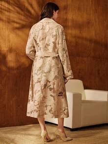 Anewsta 优雅束腰长袖喇叭形系带玫瑰烂花女式风衣，露肩，商务休闲，秋冬 - 彩色 - 查看 7