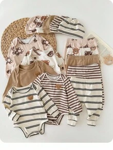 15pcs Newborn Baby Cute Casual Versatile Knitted Striped Cartoon Pattern Long Sleeve Romper & Pants Pajama Set Fall Winter