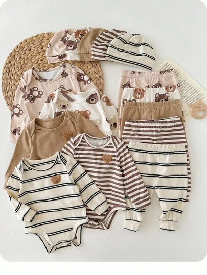 Bộ 15 món đồ liền thân tay dài họa tiết hoạt hình dễ thương cho bé sơ sinh và quần dài