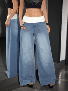 SHEIN Unity Damen Kontrast-Farbe Super Tief Taillierte Weite Jeans - Helle Waschung - Übersicht 4