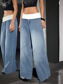 SHEIN Unity Damen Kontrast-Farbe Super Tief Taillierte Weite Jeans - Helle Waschung - Übersicht 5