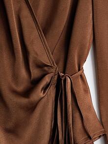 GlowEve Women's Elegant Satin V-Neck Long Sleeve Pleated Blouse, Brown, Suitable For Daily Commute - Brown - View 3