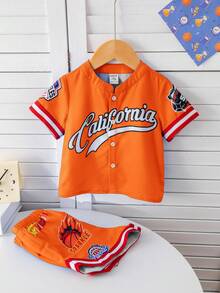 SHEIN 新生儿/婴儿男女通用字母图案撞色圆领短袖开衫和短裤休闲两件套运动服，柔软舒适，适合户外活动，夏季