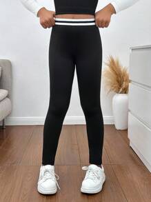 SHEIN Leggings casuales de cintura para niña preadolescente con parches en contraste de color negro y blanco