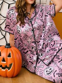 Chillnights Plus Size Halloween Element Printed Mock Neck Loungewear Pajama Set - Pink - View 6