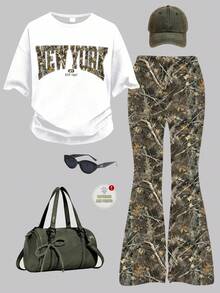 SHEIN Tween女孩休閒復古樹枝葉片印花，英文「NEW YORK」圖案，甜酷短袖上衣與長褲2件套，適合夏季，圖案T恤，街頭風，龐克，復古，返校服裝，度假穿搭，可愛，Kawaii，女孩套裝，Tween女孩服飾，女孩服飾，Tween女孩，返校，返校舞會，校服，休閒，Stitch，返校服裝女孩，女孩套裝，Old Money，哥德風，秋季穿搭 - 彩色 - 查看 2