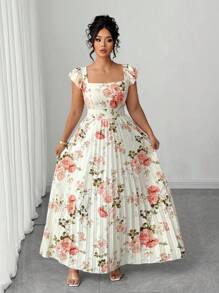 Elenzga 大码女式复古法式花卉印花荷叶边袖方领束腰长裙，适合度假和约会穿着 - 彩色 - 查看 3