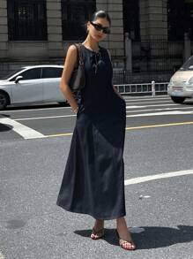 DAZY Women's Sleeveless Round Neck Waist Cinched Denim Dress, Summer - Blue - View 3