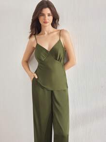 Ocili Bộ đồ ngủ dài tay và quần dài bằng vải satin trơn màu trơn cổ chữ V cho nữ, đơn giản và thoải mái - màu xanh lá - Xem 5