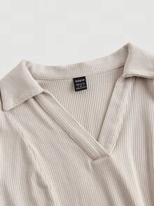 SHEIN MOD Váy ngắn dệt kim cổ bèo nhún màu kaki cổ điển - Phong cách học sinh, thập niên 70, thường ngày, thoải mái, đi làm, phong cách quý tộc, hoàn hảo cho trang phục đi học, trang phục giảng dạy và trang phục công sở - Màu be - Xem 3