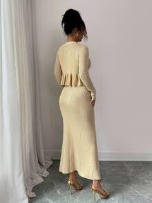 Elenzga 2pcs/Set Apricot V-Neck Ruffle Trim Cardigan And Long Dress Fall Winter Cloth For Women - Khaki - View 4