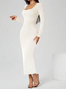 SHEIN PETITE 秋装纯色方领紧身黑色长袖连衣裙 - 白色 - 查看 3