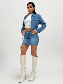 EURMUSE Rigid Casual Skirt & Jacket Denim Outfit - Medium Wash - View 6