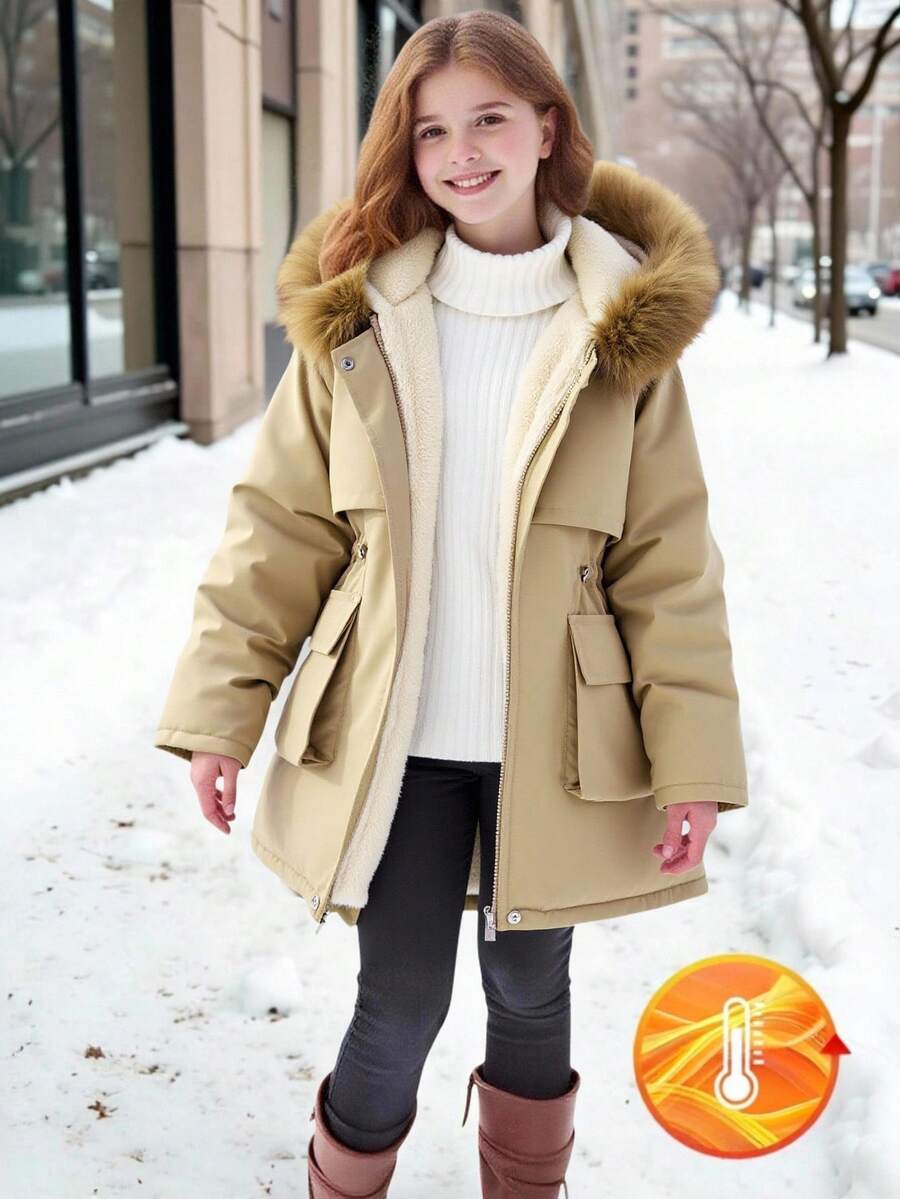 1 件 Tween Girl 中长款风衣棉质派克大衣，配有收腰、翻盖口袋、毛茸茸的衣领和连帽衬里