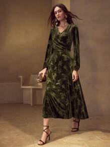 MOTF PREMIUM VELVET JACQUARD LANTERN SLEEVE DRESS - Olive Green - View 6