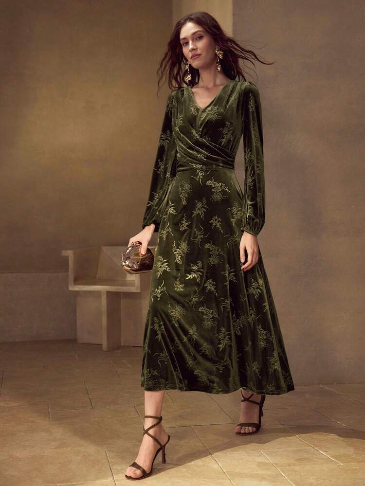 VELVET JACQUARD LANTERN SLEEVE DRESS