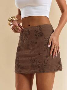 SHEIN BAE 女式夏季度假串珠刺绣迷你裙 - 棕色 - 查看 3