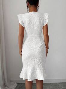 Elenzga 女士方领盖袖优雅提花通勤连衣裙，夏季 - 白色 - 查看 2