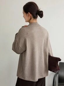 Dazy-Less 女士宽松商务休闲不对称领套头毛衣，纯色简约基本款上衣，秋冬 - 駝色 - 查看 8