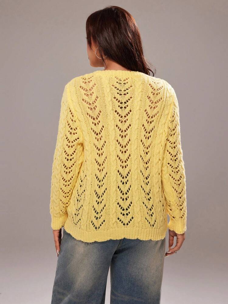 Rustia Plus Size Women Casual Crew Neck Single-Breasted Cable Knit Cardigan, Cream Yellow Fall Winter Cloth For Women Autumn - Yellow - View 2