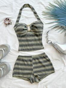 Soleia 女式条纹针织纹理面料金属装饰露背领口短款上衣和超短裤 2 件套，适合派对、圣诞节、约会、夜总会、海滩、游轮、下午茶、波西米亚风、波西米亚风、度假、秋季 - 黑與白 - 查看 3