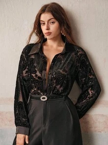 Anewsta 大码女式天鹅绒烧花设计宽松复古休闲衬衫，黑色上衣，情人节 - 黑色 - 查看 3