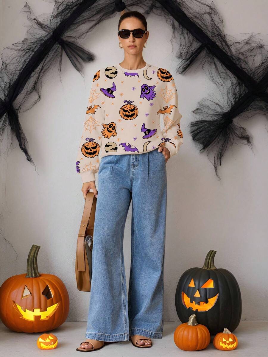 Glamance Threesuture 女士杏色圆领运动衫，适合万圣节和秋季秋季万圣节服装秋季上衣秋季服装万圣节运动衫 - 彩色 - 查看 1