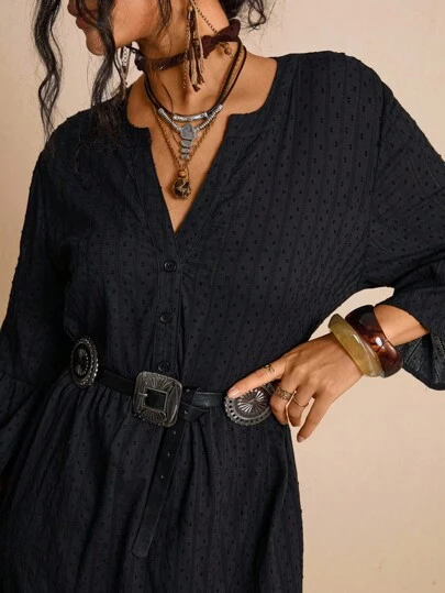 Freevana Plus Size Woven Embroidered Solid Color Notched Neck Mid-Length Dress Fall Clothes For Women Fall Dresses Clothes Women Winter Dress Fairy Dress Little Black Dress Fall Dresses For Women Winter Dress Women Hic Autumn Fall Dresses For Women Winter Clothes Female Country Look Country Dress For Women Chic Dress Going Out Outfit Winter Curvy Blouses Plus Size Black Shirt Curve Blouses For Women Plus Size Western Tops Plus Size Women Clothes Blouse