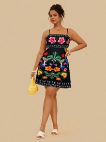Travachic Plus Size Tropical Colorful Parrot Print Hollow Back Sleeveless Casual Summer Holiday Dress - Black - View 1
