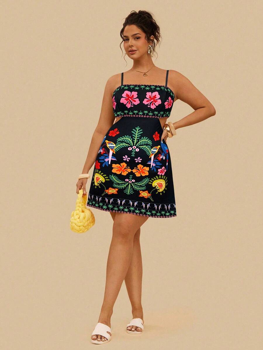Travachic Plus Size Tropical Colorful Parrot Print Hollow Back Sleeveless Casual Summer Holiday Dress - Black - View 1