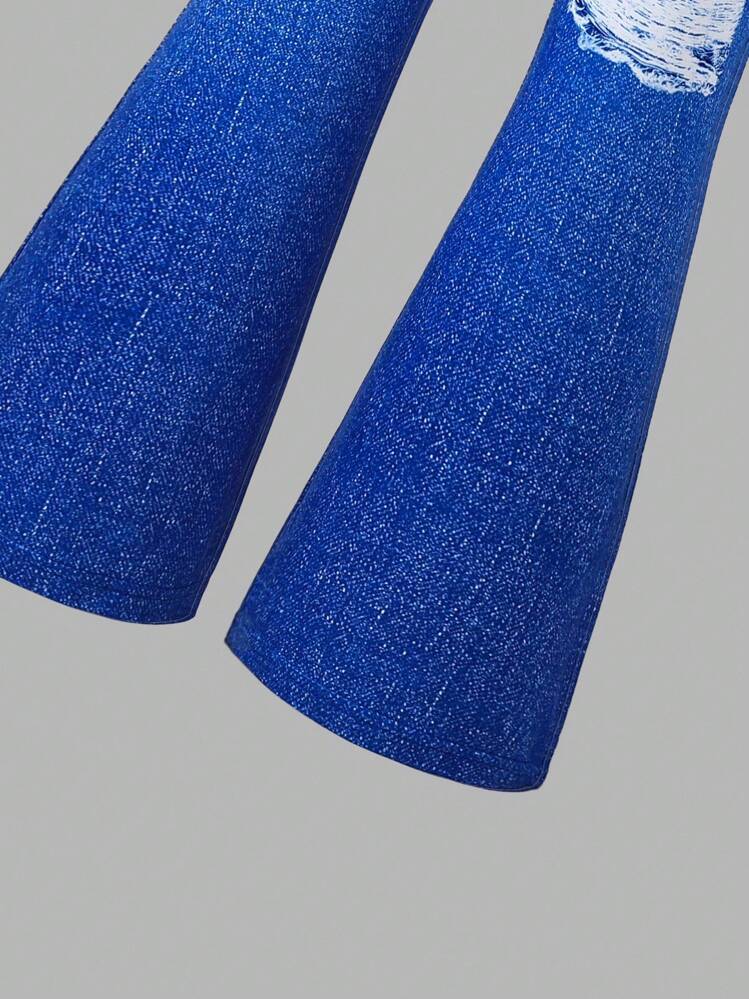 SHEIN ChillGRL Tween Girls 2 件套：时尚休闲明星和昨日印花短款长袖上衣和修身阔腿裤 - 藍色 - 查看 4