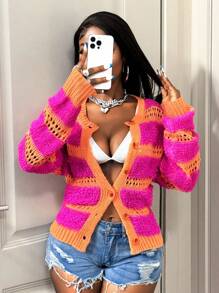 BamGleam Women's Long Sleeve Single-Breasted Casual Hollow Striped Knit Cardigan Fall Winter Cloth For Women