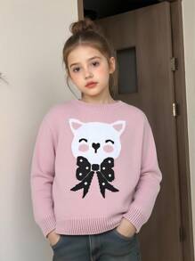 SHEIN 女童提花圆领长袖套头毛衣，秋冬季百搭单品 - 粉色 - 查看 6