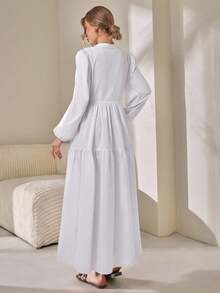 CLARA VERO 女士纯色梭织春夏外出装长裙纽扣衬衫裙灯笼长袖高领褶皱蓬蓬裙 - 白色 - 查看 2