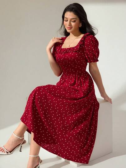 Modelyn Square Neck Ruffle Waist Short Puff Sleeve Polka Dot Midi Dress For Women, Wine Red