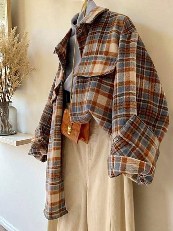 INAWLY 女式格子长袖单排扣休闲宽松夹克，秋季