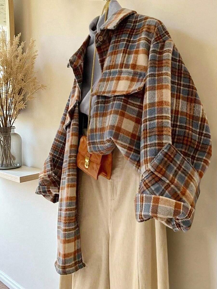 INAWLY 女式格子长袖单排扣休闲宽松夹克，秋季